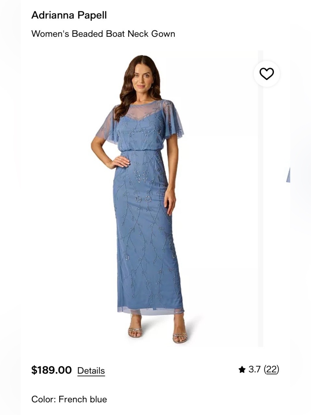Adrianna Papell French Blue Beaded Boat Neck Maxi Dress
